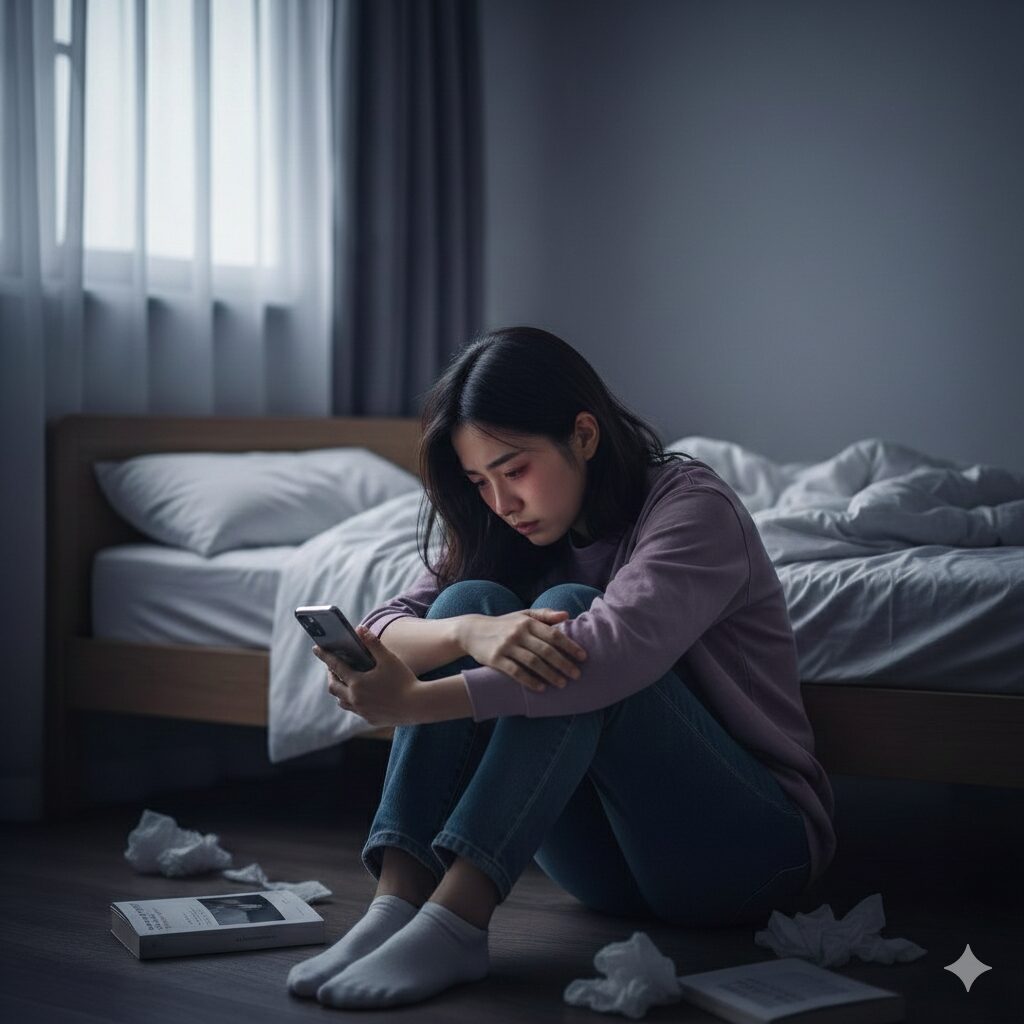 薄暗い部屋のベッド脇で、膝を抱えてスマートフォンを見つめながら思い悩む女性の様子